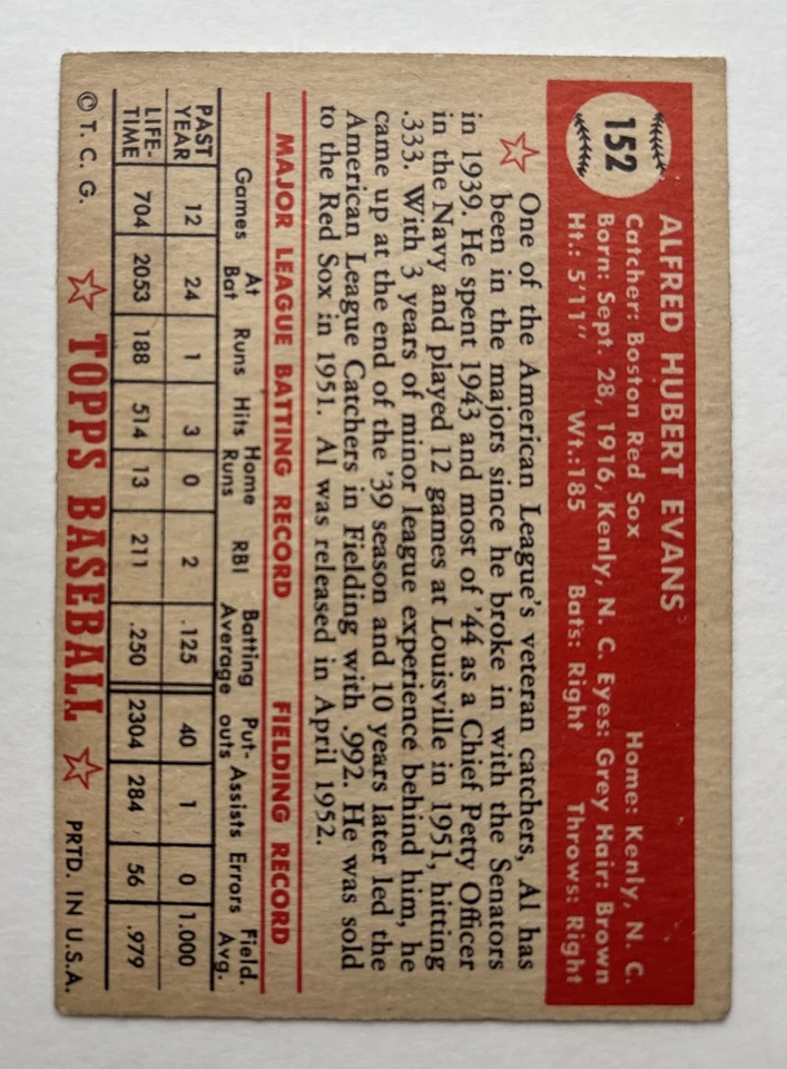 1952 Topps Set-Break #152 Al Evans Boston Red Sox VG-VGEX — Red Back - Image 2 of 2