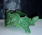 Vtg McCoy Green Turtle Planter w Water Lily Leaves 8"x5"x4" Shiny Glaze 50s VGC