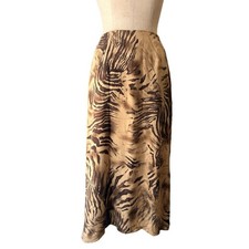 Josephine Chaus 100 Silk VTG Animal Print Pattern Zip Maxi Skirt Brown Tan Chic