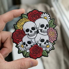 Skull Flower Embroidered Patch Rose Daisy Gothic Iron On Badge