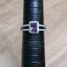 Sterling Silver 925 Emerald Cut Amethyst Halo Set Ring Size 6