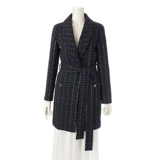 CHANEL Nylon Plaid Belt Gown Outer Coat P54357 Blue 34