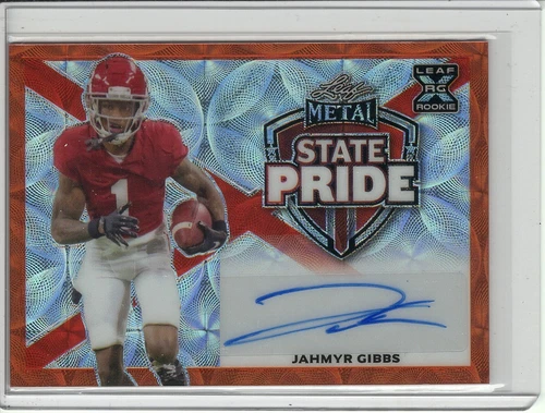 2023 LEAF METAL JAHMYR GIBBS ROOKIE/RC AUTO #1/2 *STATE PRIDE - ORANGE KALEIDOSC