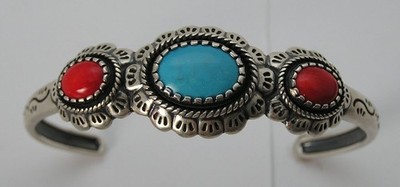 Navajo Southwestern Carolyn Pollak Relios Sterling Turquoise Coral Cuff Bracelet