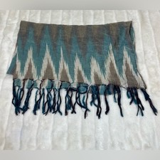 Ikat Boho Teal Brown Cream Fall Spring Tassel Scarf Travel Lightweight Semisheer