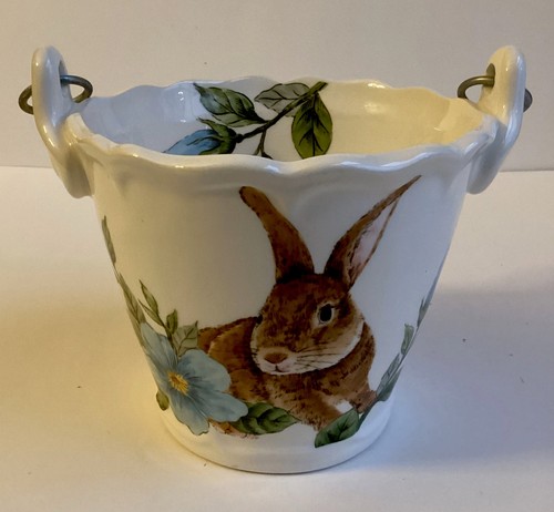 Maxcera Spring Collection Bunny Rabbit Basket Pail Planter Ceramic Blue Flower