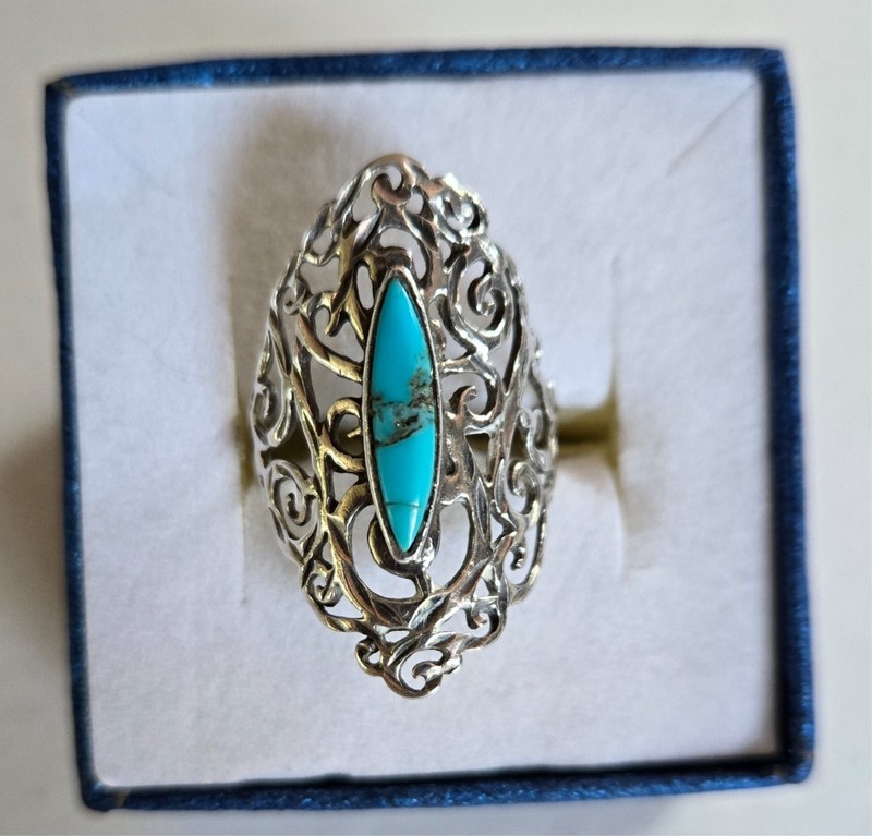 STER Sterling Silver Filigree Ring, Marquise Turquoise Stone, Size 7.5