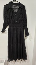 ZARA BLACK DOTTED MESH V-NECK LACE TRIM MIDI DRESS WITH RUFFLED HEM SIZE M