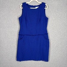 Calvin Klein Tweed Fringed Sheath Dress Size 14 Royal Blue Pocket Old Money
