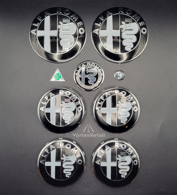 ALFA ROMEO BLACK & WHITE BADGE EMBLEM SET CENTER CAPS LENKRAD VORNE HINTEN