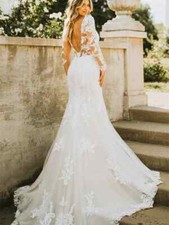 Boho Mermaid Wedding Dresses V Neck Long Sleeve Illusion Backless Bridal Gowns
