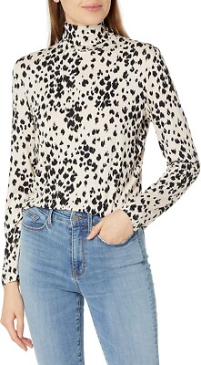 Trina Turk Women's Cloudy Leopard Print Stretch Turtleneck Blouse Top Size Small