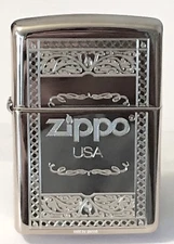 Zippo Windproof Chrome Lighter With Frame Design & Zippo Logo, 31360, New In Box
