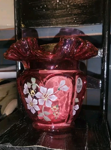 Fenton Hand Painted Cranberry Vase