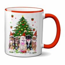 Cats Christmas Tree Mug | Coloured Rim and Handle Kitten Festive Xmas Mug