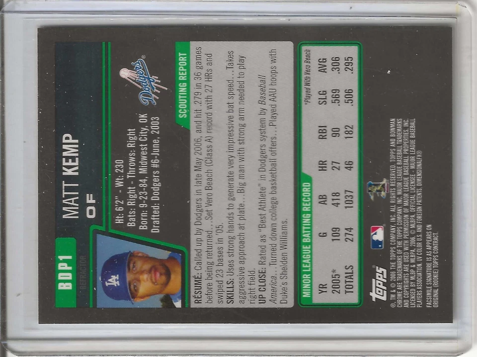 2006 Bowman Draft Picks & Prospects - Chrome Refractor #BDP1 Matt Kemp RC - Image 2 of 2