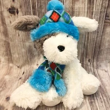 Hugfun International Plush Animal Puppy Dog Hat Scarf White Brown Blue 15”