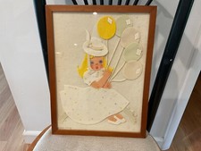60S VTG GIRL CHILD NURSERY FELT ART GIRL W/BALLOONS FRAMED BY LENORE O  HARE