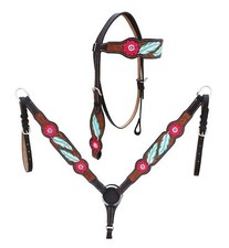 WESTERN LEATHER TOOLED HEADSTALL BRIDLE BREAST COLLAR TACK SET HAND PAINTED