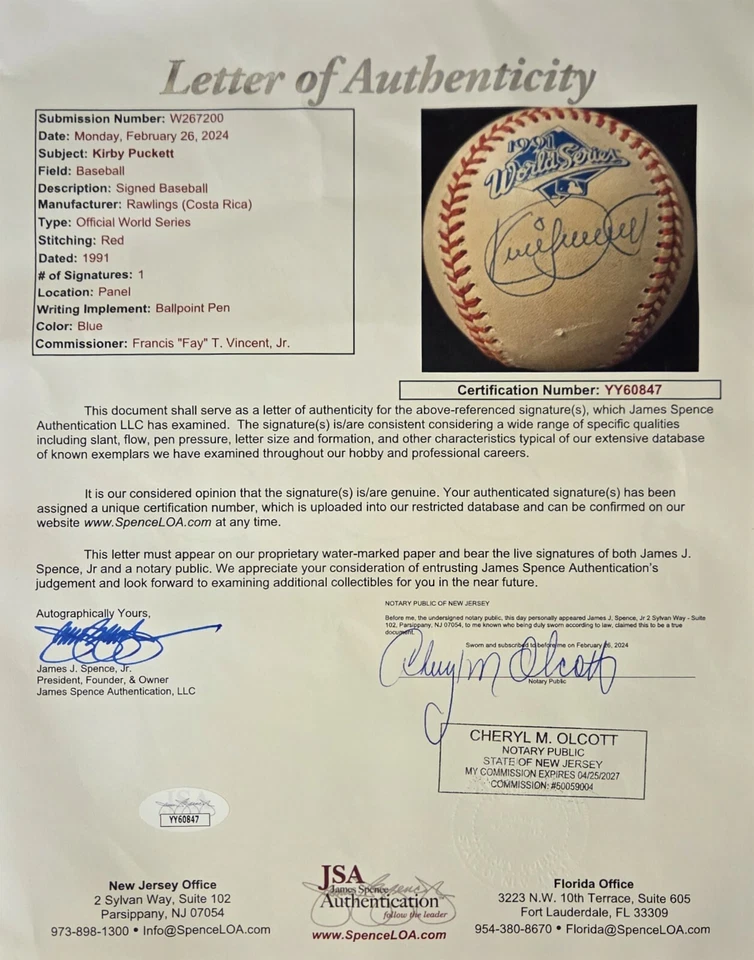 Rawlings (1991 World Series) - Kirby Puckett - Signed Baseball - JSA Certified - Image 4 of 4