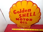 VINTAGE 11 3/4 in GOLDEN SHELL GAS & OIL CO. ADV. SIGN METAL PORCELAIN #974A