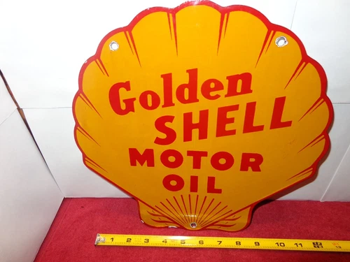 VINTAGE 11 3/4 in GOLDEN SHELL GAS & OIL CO. ADV. SIGN METAL PORCELAIN #974A