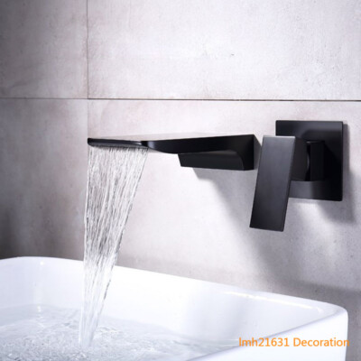 Wall Mount Basin Faucet Black Brass Bathroom Waterfall Mixer Water Tap Cold Hot