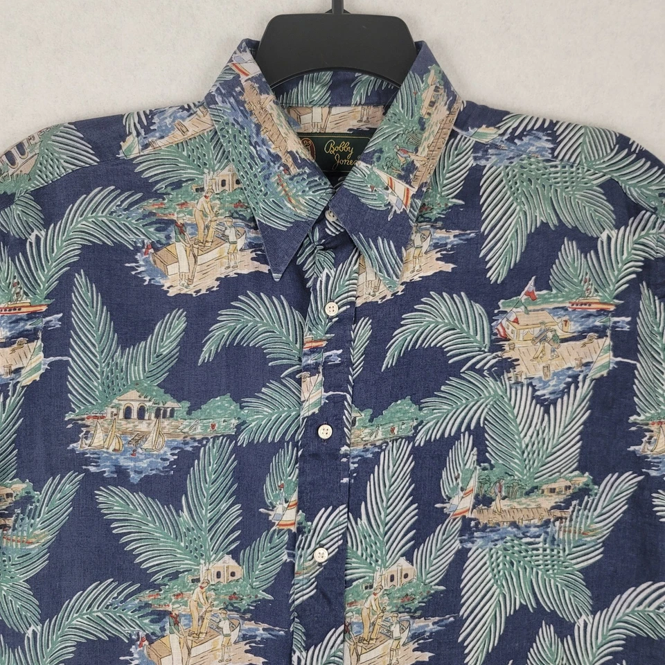 Vintage Hawaiian Shirt Men Fits XL Blue Floral Graphic Button Up 90s Linen Relax - Image 4 of 4
