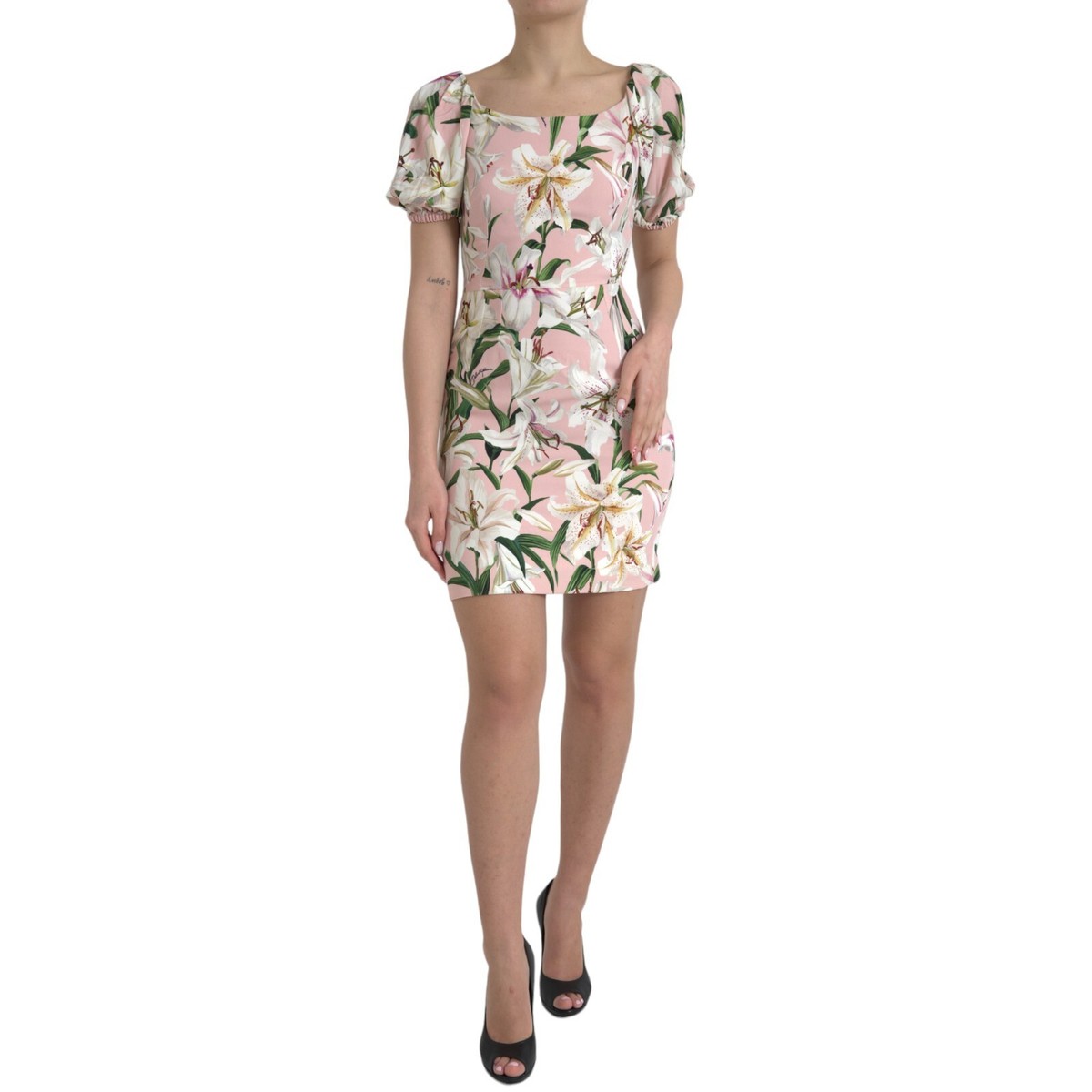【関税&送料込み】Dolce & Gabbana Flower Print High-Waiste DOLCE & GABBANA Dress Pink Lily Viscose Sheath Stretch Mini
