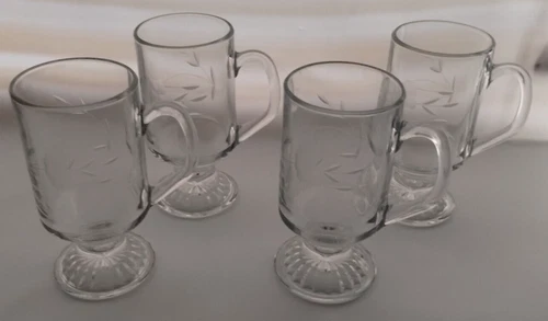 Princess House Heritage #504 Footed mugs Etched Irish Coffee Café Cup Mug Set 4
