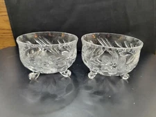 Set of 2 Vintage Crystal Glass Footed Berry Dessert Bowls Clear Floral Cut 4"