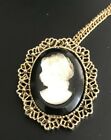 Base Metal Pin with a 24" Chain Vintage Antique Cameo Brooch in Gold Toned