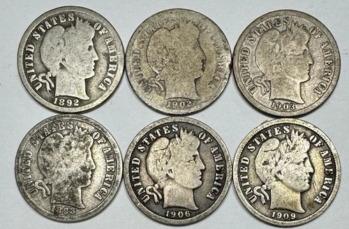 1892-O - 1909 Barber 10c Silver Dimes Lot of 6