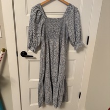 Madewell Blue Floral Long Dress Women’s Small Ruched Bodice Gathered Sleeves