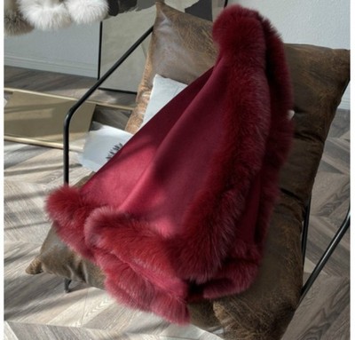 Real Wool Cashmere Ponchos with Fox Fur Trim Around Cape Women's Fur Shawl Wraps