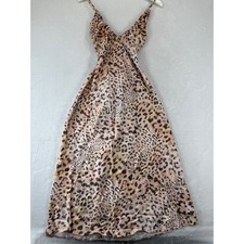 ASOS DESIGN Women Leopard Print Satin Slip Midi Dress Ruched Bust Tan US 6 NEW