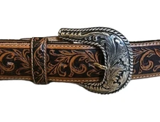 Vintage USA made TONY LAMA buckle & belt 44 leather TOOLED western RANGER brown