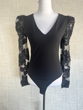 Express Black Lace Sleeve Bodysuit Womens Small Sheer Mesh Floral V Neck