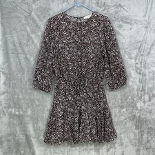 Loft Womens Size M Long Sleeve Dress Tie Waist Brown Dotted Viscose Open Back