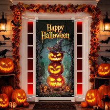 71 x 35 Inch Halloween Door Cover, Happy Halloween Pumpkin Stack Door Banner wit
