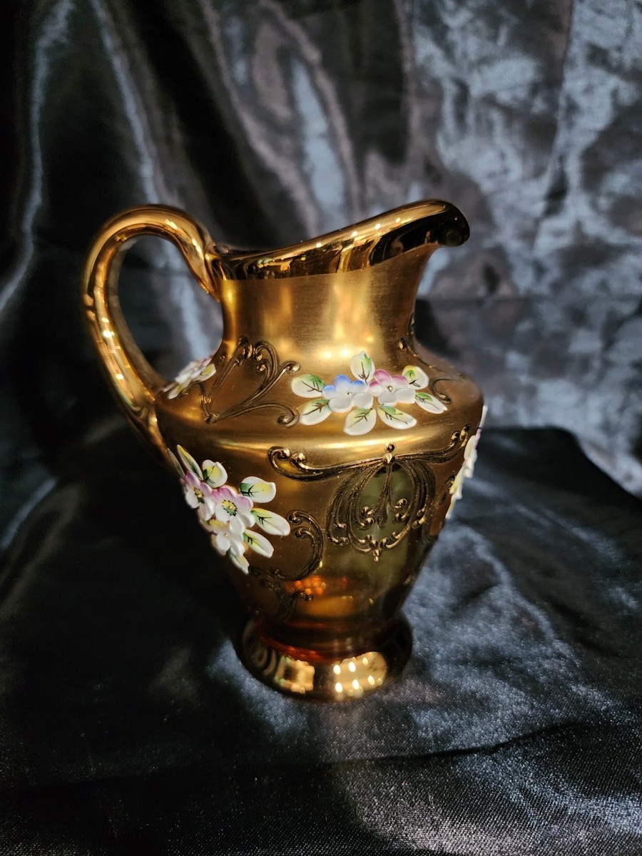 Vintage Bohemia Czech Amber Glass & 24K Gold Gilt Tea Set – 15 Pc