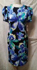 New DKNY Size 10 Floral Puff Sleeve Sheath Dress Blue/Black Multi $119