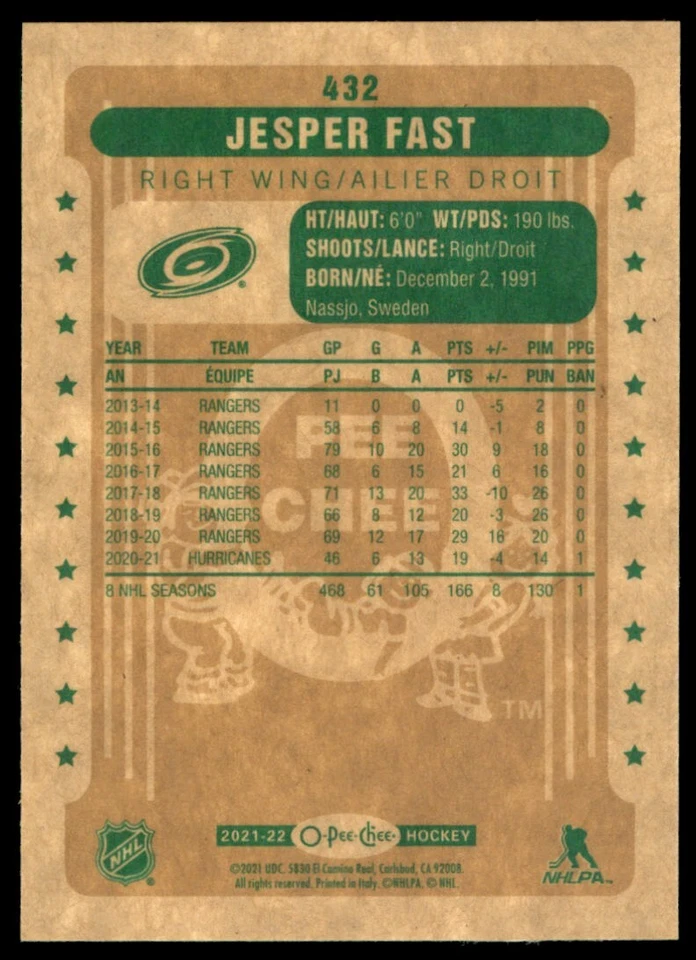 2021-22 O-Pee-Chee Retro Jesper Fast #432 - Image 2 of 2