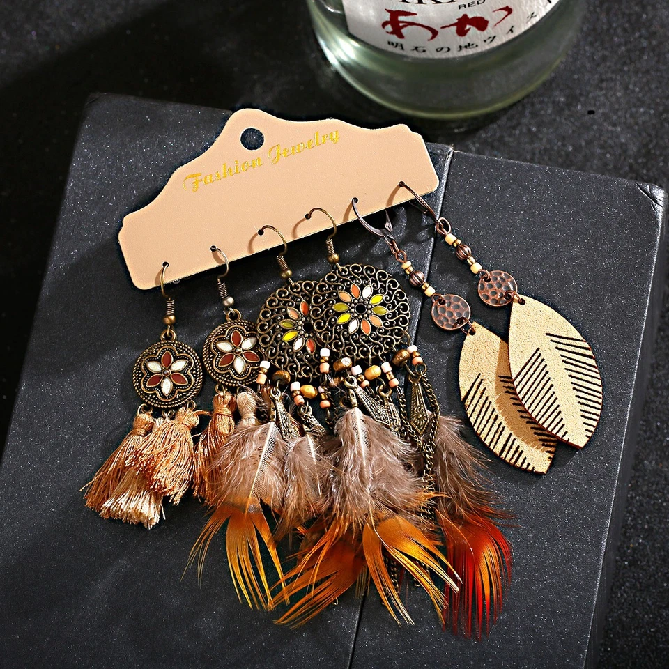 Juego de Pendientes de Pluma Vintage para Mujer Boho Gitano Colorido Borla 3 Piezas Joyería Foto 3 de 4