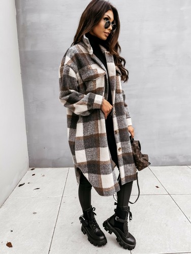 Women Plaid Shacket Overcoat Casual 