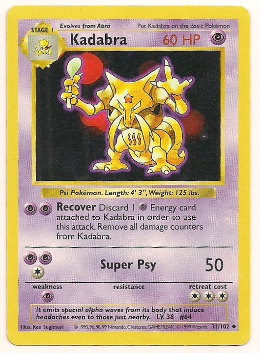 Pokemon Card: Kadabra Shadowless 32/102 MP/HP Played Base Set