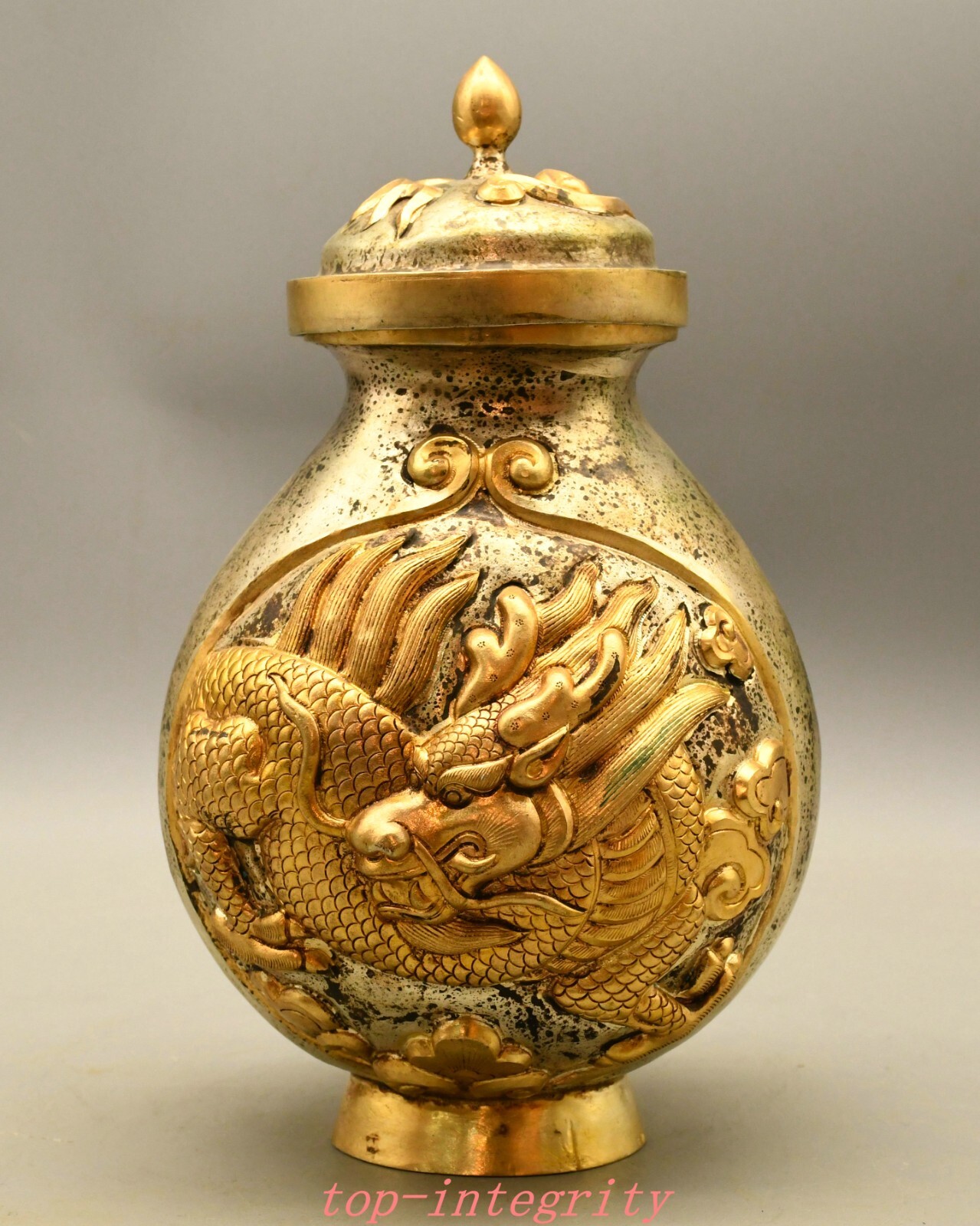 9 Inch Antique Chinese Dynasty Silver Gold Feng Shui Dragon Vase