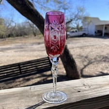 AJKA MARSALA RUBY GOLD CASED CUT TO CLEAR CRYSTAL CHAMPAGNE FLUTE GLASSES X6