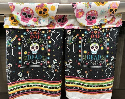 2 Fabric Oven Door Hanging Kitchen Towel Set- Day Of The Dead Skulls Halloween