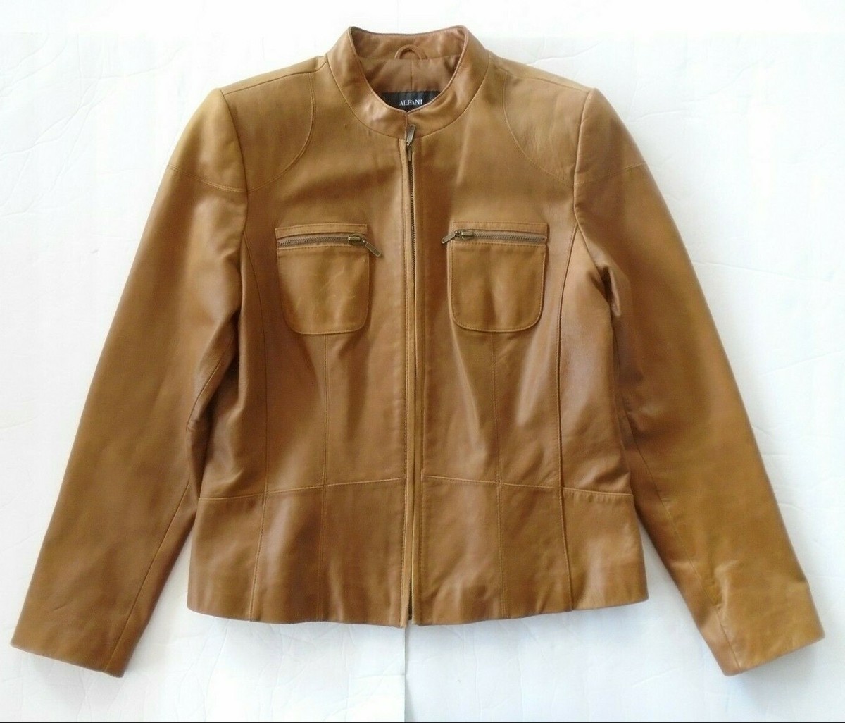 ALFANI Women's Large Brown Leather Fitted Zippered Jacket Pockets Lined